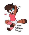 &lt;3 2016 3_toes 4_fingers ailurid anthro barefoot biped black_eyebrows black_eyelashes black_nose black_text blue_eyes bottomwear breasts brown_body brown_countershading brown_fur brown_hair brown_inner_ear brown_markings brown_stripes brown_tail clothed clothed_anthro clothed_female clothing colored countershading digital_drawing_(artwork) digital_media_(artwork) english_text exclamation_point eye_through_hair eyebrow_through_hair eyebrows eyelashes eyelashes_through_hair feet female female_anthro fingers full-length_portrait fur gabbah glistening glistening_eyes gloves_(marking) hair happy_birthday heart_reaction hi_res janette_cho leg_markings leg_warmers legwear looking_at_viewer mammal markings no_pupils open_mouth open_smile portrait raised_arm red_clothing red_heart red_leg_warmers red_legwear red_panda red_shirt red_tongue red_topwear ring_(marking) ringtail shirt shorts simple_background sleeveless_shirt smile socks_(marking) solo stripes tail tail_markings text three-quarter_view toes tongue topwear translucent translucent_hair white_background white_body white_bottomwear white_clothing white_countershading white_ears white_shorts