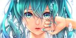  aqua_eyes aqua_hair aqua_nails bangs bubble close-up eyelashes face hair_between_eyes hatsune_miku highres lips lipstick looking_at_viewer makeup masami_chie nail_polish parted_lips red_lips smeared_lipstick solo vocaloid 