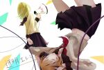  black_sailor_collar black_skirt blonde_hair cable covering_own_ears floating green_hair gumi holding holding_cable holding_megaphone kagamine_rin long_sleeves megaphone midriff_peek neckerchief red_neckerchief sailor_collar satsuki_(r2u0r0i4) school_uniform serafuku shirt short_hair skirt socks toumei_elegy vocaloid white_shirt white_socks 