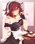  1girl aged_up alternate_costume apron bare_shoulders breasts brown_hair cake choker finger_to_mouth food frisk_(undertale) heart heart_choker highres large_breasts looking_at_viewer maid maid_apron maid_headdress nuvex red_eyes short_hair sitting solo thighhighs underfell undertale 