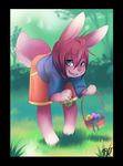  ambiguous_gender basket blue_eyes clothing easter easter_egg forest hair holidays lagomorph pink_hair rabbit rudragon shirt shorts tree 