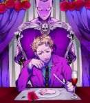  alcohol bad_id bad_pixiv_id blonde_hair cup drinking_glass fork formal highres jojo_no_kimyou_na_bouken killer_queen kira_yoshikage knife licking_lips mate_bou necktie severed_hand stand_(jojo) suit tongue tongue_out wine wine_glass 