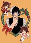  1boy 2girls angel_wings black_hair black_jack_(character) black_jack_(series) black_vest bow brown_eyes brown_hair christmas_ornaments closed_mouth coat dress eyelashes fur-trimmed_coat fur_trim hair_over_one_eye hand_on_own_chin hand_on_own_face highres holly long_sleeves multicolored_hair multiple_girls oldkin pink_coat pinoko pointing pointing_at_self pom_pom_(clothes) red_bow red_dress red_footwear shirt short_hair signature split-color_hair star_ornament stitched_face stitches sweat thighhighs vest waist_bow white_hair white_shirt white_thighhighs white_wings wings 