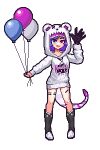  1girl absurdres art_(rtrunl) black_footwear blue_eyes boots collarbone fangs full_body heterochromia highres hood hoodie knee_boots long_sleeves looking_at_viewer nijisanji nijisanji_en open_mouth pink_eyes pixel_art purple_hair selen_tatsuki short_hair solo tail transparent_background virtual_youtuber white_hoodie 