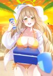  1girl beach bikini blonde_hair blue_archive blurry blush breast_rest breasts can cleavage commentary_request cowboy_shot depth_of_field duuwa_(doluwa) green_eyes green_halo halo halterneck hand_up hat highres holding holding_can jacket large_breasts long_hair looking_at_viewer nonomi_(blue_archive) nonomi_(swimsuit)_(blue_archive) ocean official_alternate_costume open_clothes open_jacket open_mouth outdoors palm_tree pov see-through see-through_jacket side-tie_bikini_bottom sky smile solo_focus standing sun_hat sunset swimsuit teeth tree upper_teeth_only white_headwear white_jacket yellow_bikini yellow_sky 