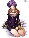  1girl artist_name barefoot bernadetta_von_varley black_eyes black_shorts blush bob_cut breasts cleavage closed_mouth commentary dated english_commentary fire_emblem fire_emblem:_three_houses gloves hair_between_eyes hair_ribbon head_tilt lips long_sleeves medium_breasts mina_cream pink_lips purple_hair purple_ribbon ribbon short_hair shorts sitting solo toes white_background yellow_gloves 