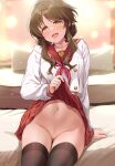 1girl bar_censor black_thighhighs blush brown_eyes brown_hair censored clothes_lift feet_out_of_frame flashing groin hair_bun highres idolmaster idolmaster_cinderella_girls lifted_by_self long_hair looking_at_viewer mk_(mod0) navel neckerchief no_panties open_mouth pussy red_neckerchief red_sailor_collar red_skirt sailor_collar school_uniform shirt sidelocks sitting skirt skirt_lift smile solo stomach takamori_aiko thighhighs thighs white_shirt 