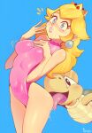  1girl 1other arched_back bare_legs blonde_hair blue_background blue_eyes breasts brooch crown earrings eyelashes hand_on_own_chest highres jewelry leotard licking licking_ass mario_(series) open_mouth pink_leotard princess_peach sphere_earrings surprised thighs timbocactus 