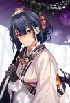  1girl black_gloves black_hair black_headwear commentary_request folded_hair fur-trimmed_kimono fur_trim gloves highres japanese_clothes kantai_collection kasumi_(skchkko) kikumon kimono nagato_(kancolle) official_alternate_costume red_eyes solo upper_body white_kimono 