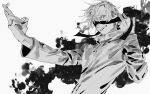  1boy chenalii collared_jacket crossed_fingers energy eyepatch eyepatch_lift fangs gojou_satoru greyscale jacket jujutsu_kaisen looking_ahead male_focus monochrome open_mouth short_hair simple_background smile solo upper_body 