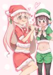  2girls @_@ absurdres brown_hair christmas elf fur-trimmed_headwear fur-trimmed_shirt fur-trimmed_shorts fur-trimmed_skirt fur_trim genderswap genderswap_(mtf) hands_on_own_chest hat heart highres holding holding_sack hozuki_momiji long_hair looking_at_another multiple_girls navel onii-chan_wa_oshimai! orange_hair oyama_mahiro pink_hair pointy_ears sack santa_costume santa_hat shirt short_hair shorts skirt strapless tube_top user_zumh8847 yuri 