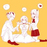  2girls 778-go bad_id bad_pixiv_id dress garry_(ib) hairband hairdressing heart highres ib ib_(ib) kneehighs mary_(ib) monochrome multiple_girls musical_note socks speech_bubble spoken_blush spoken_heart spoken_musical_note yellow_background 