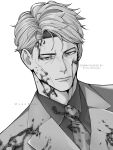  1boy absurdres blood blood_on_clothes blood_on_face collared_shirt commission english_text expressionless greyscale highres jujutsu_kaisen lips looking_at_viewer male_focus mayo_(myaoruki) monochrome nanami_kento necktie shirt short_hair solo watermark 