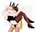  bad_id bad_twitter_id blonde_hair blue_eyes bunnysuit caesar_anthonio_zeppeli carrying facial_mark fishnets garter_straps green_eyes high_heels jojo_no_kimyou_na_bouken joseph_joestar_(young) medemoisellecu multiple_boys one_eye_closed princess_carry scarf shoes thighhighs wrist_cuffs 