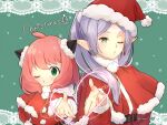 2girls absurdres anya_(spy_x_family) blowing_kiss child christmas crossover drop_earrings earrings elf frieren fur-trimmed_headwear fur_trim green_eyes hairpods hat highres hiragana_sherry jewelry long_hair long_sleeves merry_christmas multiple_girls one_eye_closed open_mouth parted_bangs pink_hair pointy_ears puckered_lips red_headwear santa_costume santa_hat sousou_no_frieren spy_x_family tanezaki_atsumi twintails voice_actor_connection white_hair 