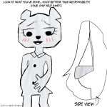 404_(artis) absurd_res anthro bear blush clothing dialogue dot_eyes drawn_on_face dress female hand_on_stomach hi_res looking_down mammal open_mouth paper paper_creature pregnant side_view simple_background smile solo teri_(tawog) text underwear white_background young
