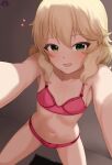  1girl absurdres blonde_hair blush bra breasts cleavage commentary english_commentary green_eyes hair_between_eyes heart highres idolmaster idolmaster_cinderella_girls indoors lingerie looking_at_viewer mrhunking navel open_mouth panties pink_bra pink_panties pov sakurai_momoka short_hair small_breasts solo stomach thighs underwear underwear_only waking_up 