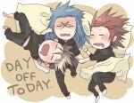  3boys angry annoyed arms_up axel_(kingdom_hearts) barefoot black_pants black_shirt blanket blue_hair brown_hair chibi closed_eyes commentary_request cross_scar demyx dot_nose english_text full_body furrowed_brow head_on_pillow holding_hands kingdom_hearts kingdom_hearts_358/2_days kingdom_hearts_ii knee_up long_hair lying male_focus midriff_peek minatoya_mozuku multiple_boys on_back on_side open_mouth orange_background organization_xiii pants pillow red_hair saix saliva scar scar_on_face shirt short_hair sleeping spiked_hair under_covers v-neck 