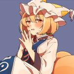  1girl animal_ears blonde_hair blue_tabard blush dress fox_ears fox_tail hat mob_cap multiple_tails ofuda ofuda_on_clothes simple_background solo steepled_fingers tabard tail touhou unkmochi white_dress white_headwear wide_sleeves yakumo_ran yellow_eyes 