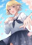  1girl blonde_hair blue_sky blurry blurry_foreground blush breasts cloud day falling_petals from_below green_eyes grey_neckerchief grey_skirt gum_(vivid_garden) hand_on_own_chest hands_up highres idolmaster idolmaster_cinderella_girls idolmaster_cinderella_girls_starlight_stage large_breasts light_particles long_sleeves looking_at_viewer neckerchief open_hand open_mouth petals pleated_skirt reaching reaching_towards_viewer sailor_collar school_uniform serafuku shirt short_hair skirt sky smile solo umeki_otoha white_sailor_collar white_shirt 