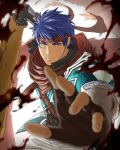  1boy armor bara blue_eyes blue_hair fingerless_gloves fire_emblem fire_emblem:_radiant_dawn fire_emblem_heroes gloves headband highres holding holding_sword holding_weapon ike_(fire_emblem) incoming_attack looking_at_viewer male_focus nenekantoku official_alternate_costume pauldrons ragnell red_headband shoulder_armor single_pauldron sword twitter_username weapon white_background 