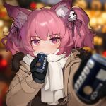  1girl alternate_costume animal_ear_fluff animal_ears arknights blush brown_jacket can canned_coffee closed_mouth commentary fox_ears fox_girl highres incoming_drink jacket looking_at_viewer nejime purple_eyes purple_hair reaching reaching_towards_viewer scarf shamare_(arknights) shio_(shiofeifei) short_hair solo symbol-only_commentary twintails white_scarf 