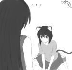  ... 2girls :3 absurdres animal_ears artist_logo artist_name azumanga_daioh bare_shoulders blunt_ends blush bob_cut breasts cat_ears cat_girl cat_tail commentary embarrassed english_commentary from_behind hair_between_eyes highres inverted_bob kaori_(azumanga_daioh) kemonomimi_mode kurumimi_birb long_hair looking_at_another monochrome multiple_girls naughty_face on_floor pleated_skirt raised_eyebrows sakaki_(azumanga_daioh) shirt shoes short_hair signature simple_background sitting sketch skirt sleeveless sleeveless_shirt small_breasts sneakers standing t-shirt tail teasing upturned_eyes very_long_hair wariza white_background yuri 