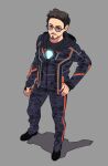  1boy animification arc_reactor avengers:_infinity_war avengers_(series) black_footwear black_jacket black_pants black_shirt brown_eyes brown_hair closed_mouth facial_hair full_body grey_background hand_on_own_hip hood hooded_jacket jacket long_sleeves looking_at_viewer male_focus marvel marvel_cinematic_universe pants shadow shirt shoes short_hair simple_background smile solo sunglasses t-shirt tony_stark yukko93 