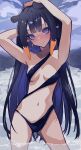  1girl absurdres alternate_costume arm_behind_head arms_up bikini black_bikini black_hair blue_eyes blunt_bangs blush breasts closed_mouth collarbone commentary hand_on_own_head highres hololive hololive_english long_hair looking_at_viewer mentally_deficient multicolored_hair navel ninomae_ina&#039;nis orange_hair outdoors pointy_ears sidelocks sky small_breasts smile solo standing stomach swimsuit tentacle_hair two-tone_hair very_long_hair virtual_youtuber wading water 