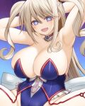  1girl armpits arms_behind_head arms_up asamura_hiori azur_lane blonde_hair blue_eyes blue_leotard breasts cleavage fang garter_straps guam_(azur_lane) guam_(stage-setting_charmer)_(azur_lane) highres huge_breasts leotard long_hair looking_at_viewer official_alternate_costume open_mouth playboy_bunny solo star-shaped_pupils star_(symbol) symbol-shaped_pupils very_long_hair 