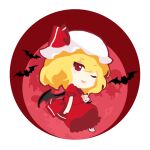  1girl bat_(animal) blonde_hair bow bowtie chibi commentary_request flandre_scarlet hat highres kaigen_1025 medium_hair mob_cap moon no_nose one_eye_closed open_mouth puffy_short_sleeves puffy_sleeves red_bow red_bowtie red_moon red_ribbon red_shirt red_skirt ribbon shirt short_sleeves single_blush_sticker skirt sleeve_bow smile solo touhou white_headwear 