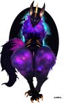 1_horn 2023 3_toes absurd_res anthro areola biped black_body black_fur bottom_heavy breasts claws cosmic_fur cosmic_tail deity detailed detailed_fur digital_media_(artwork) empty_eyes ethereal_tail feet female fluffy fluffy_tail front_view full-length_portrait fur genitals gold_claws goldmikun hi_res horn huge_hips huge_thighs hyper hyper_thighs inner_ear_fluff medium_breasts mouthless multicolored_body multicolored_fur narrowed_eyes neck_tuft nipples portrait purple_areola purple_body purple_fur purple_nipples pussy rampent shaded signature simple_background sitting solo species_request tail thick_thighs toe_claws toes tuft two_tone_body two_tone_fur unicorn_horn unknown_species white_background white_eyes yellow_horn yellow_pussy