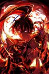  1boy black_hair duel_monster fire floating_hair glowing glowing_eyes hand_up high_ponytail highres jacket kashtira_riseheart kurohibi male_focus open_clothes open_jacket orange_hair popped_collar purple_eyes red_theme sketch solo yu-gi-oh! 