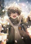  1boy alban_knox brown_hair capybara_roll coat commentary grey_coat grey_eyes grey_scarf male_focus nijisanji nijisanji_en one_eye_closed open_clothes open_coat outdoors outstretched_arms scarf snow solo spread_arms sweater symbol-only_commentary teeth upper_teeth_only virtual_youtuber white_sweater winter 