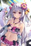  absurdres ahoge azusa_(blue_archive) azusa_(swimsuit)_(blue_archive) beach bead_necklace beads bikini blue_archive bow flat_chest flower frilled_bikini frills grey_hair hair_flower hair_ornament halo highres jewelry long_hair navel necklace oeuia purple_bow swimsuit wet white_wings wings yellow_halo 