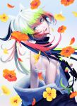  1girl absurdres bare_back blue_background closed_mouth eyelashes falling_flower flower flower_request green_eyes green_hair highres looking_back melissa_kinrenka multicolored_hair nijisanji parted_lips red_flower red_hair rukaisscary shirt smile virtual_youtuber white_hair white_shirt yellow_flower 