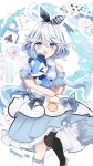  &gt;_&lt; 1girl :o ace_(playing_card) ace_of_spades ahoge alice_(alice_in_wonderland) alice_(alice_in_wonderland)_(cosplay) alice_in_wonderland animal_hug asymmetrical_legwear bare_shoulders blue_bow blue_eyes blue_hair bow bubble card cosplay furina_(genshin_impact) gangshangguang_(smjy5842) genshin_impact heart heterochromia highres joker_(playing_card) kneehighs mismatched_legwear playing_card pocket_watch socks spade_(shape) striped striped_bow watch white_socks 