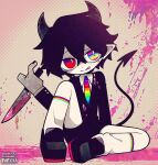  1boy :p black_footwear black_hair black_nails black_suit blood blood_on_face blood_on_ground blood_on_knife blood_on_wall blood_splatter bright_pupils buttons colored_skin demon_boy demon_horns demon_tail funamusea_(artist) heterochromia highres holding holding_knife horns knife male_focus multicolored_eyes nail_polish necktie original pink_background pink_blood pointy_ears rainbow_eyes rainbow_print red_eyes shaded_face short_hair sitting socks suit tail tongue tongue_out white_pupils white_skin white_socks 