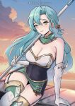  1girl absurdres armpit_crease bare_shoulders blue_hair braid breasts chascoby chloe_(fire_emblem) commentary_request covered_navel elbow_gloves fire_emblem fire_emblem_engage gloves green_eyes hair_between_eyes highres holding holding_polearm holding_weapon horizon large_breasts long_hair patreon_username polearm side_braid sitting solo strapless thighhighs weapon white_gloves 