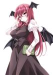  :o bespectacled book breasts glasses head_wings highres koakuma komiru large_breasts long_hair long_skirt looking_at_viewer multiple_wings necktie puffy_sleeves red_eyes red_hair simple_background skirt solo touhou white_background wings 