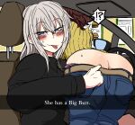  2girls akaboshi_koume ass ass_focus black_sweater blue_eyes blush breasts brown_hair car_interior car_seat casual closed_mouth clothes_pull commentary_request denim drive-thru english_text girls_und_panzer half-closed_eyes he_wants_to_order_(meme) highres itsumi_erika long_sleeves looking_at_viewer meme multiple_girls noumen pants pants_pull rear-view_mirror selfie snapchat steering_wheel sweater tongue tongue_out turtleneck white_hair yellow_sweater 