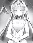  1girl absurdres bare_arms blunt_bangs closed_mouth copyright_request dot_nose dress expressionless flat_chest gloves greyscale highres long_hair looking_at_viewer monochrome nanashi_(nlo) sleeveless sleeveless_dress solo upper_body very_long_hair 