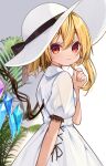  1girl alternate_costume blonde_hair blush closed_mouth crystal dress flandre_scarlet hair_between_eyes hat highres long_hair looking_at_viewer one_side_up puffy_short_sleeves puffy_sleeves red_eyes short_sleeves smile solo touhou white_dress white_headwear wings yuineko 