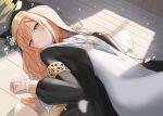  1girl :o absurdres aqua_eyes blue_archive covered_navel dress flower halo highres honome_sui long_hair long_sleeves looking_at_viewer lying mari_(blue_archive) nun on_back orange_hair solo white_dress white_flower yellow_halo 