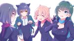  akazaki_kokoro animal_ears black_hair blue_hair bodysuit breasts cat_ears cleavage closed_eyes front_zipper green_eyes green_hair hair_bobbles hair_ornament highres holding holding_clothes idoly_pride igawa_aoi jacket kanzaki_rio komiyama_ai long_hair looking_at_another looking_down multiple_girls official_art one_eye_closed open_clothes open_jacket open_mouth pink_hair purple_eyes scarf short_hair simple_background wavy_mouth yellow_eyes 