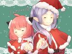  2girls absurdres anya&#039;s_heh_face_(meme) anya_(spy_x_family) child christmas crossover drop_earrings earrings elf frieren fur-trimmed_headwear fur_trim hairpods hat highres hiragana_sherry jewelry long_hair long_sleeves meme merry_christmas multiple_girls parted_bangs pink_hair pointy_ears red_headwear santa_costume santa_hat smug sousou_no_frieren spy_x_family tanezaki_atsumi twintails voice_actor_connection white_hair 