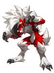  chinese_commentary claws colored_sclera commentary_request digitigrade fangs from_side full_body highres legs_apart lycanroc lycanroc_(midnight) no_humans open_mouth pokemon pokemon_(creature) red_eyes red_sclera simple_background solo standing white_background xiaopizi32439 