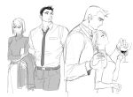  1boy 1girl absurdres ace_attorney beard belt collared_shirt cowboy_shot cup dick_gumshoe drinking_glass facial_hair franziska_von_karma greyscale gwiga0 hand_on_another&#039;s_shoulder height_difference highres holding holding_clothes holding_cup holding_jacket jacket juliet_sleeves long_sleeves looking_up monochrome necktie pants parted_lips pencil_behind_ear profile puffy_sleeves shirt short_hair simple_background sketch skirt standing unworn_jacket wine_glass 