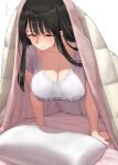  ... 1girl arm_support black_hair blue_eyes blush breasts cleavage closed_mouth clothes_writing commentary_request kaisen_chuui large_breasts long_hair original pillow shirt short_sleeves simple_background solo under_covers wavy_mouth white_background white_shirt 