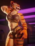 2023 3d_(artwork) abs anthro athletic athletic_anthro athletic_female bottomwear bra breasts cheek_tuft clothing countershading digital_media_(artwork) dreamworks facial_markings facial_tuft felid feline felis female fishnet fur gym gym_bottomwear gym_clothing gym_shorts hand_behind_head head_markings hi_res inside johnwulffe kung_fu_panda mammal markings master_tigress medium_breasts muscular muscular_anthro muscular_female orange_body orange_eyes orange_fur pantherine shorts solo sports_bra standing striped_body striped_fur stripes teeth tiger tight_clothing tuft under_boob underwear whiskers yellow_sclera